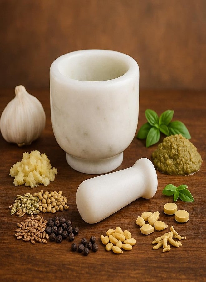 KunhaR Natural White Marble Mortar and Pestle Set, Imam Dasta, Ohkli Musal, Kharal - 3 x 2.5 Inches, White, (Half Polish) - Image 1